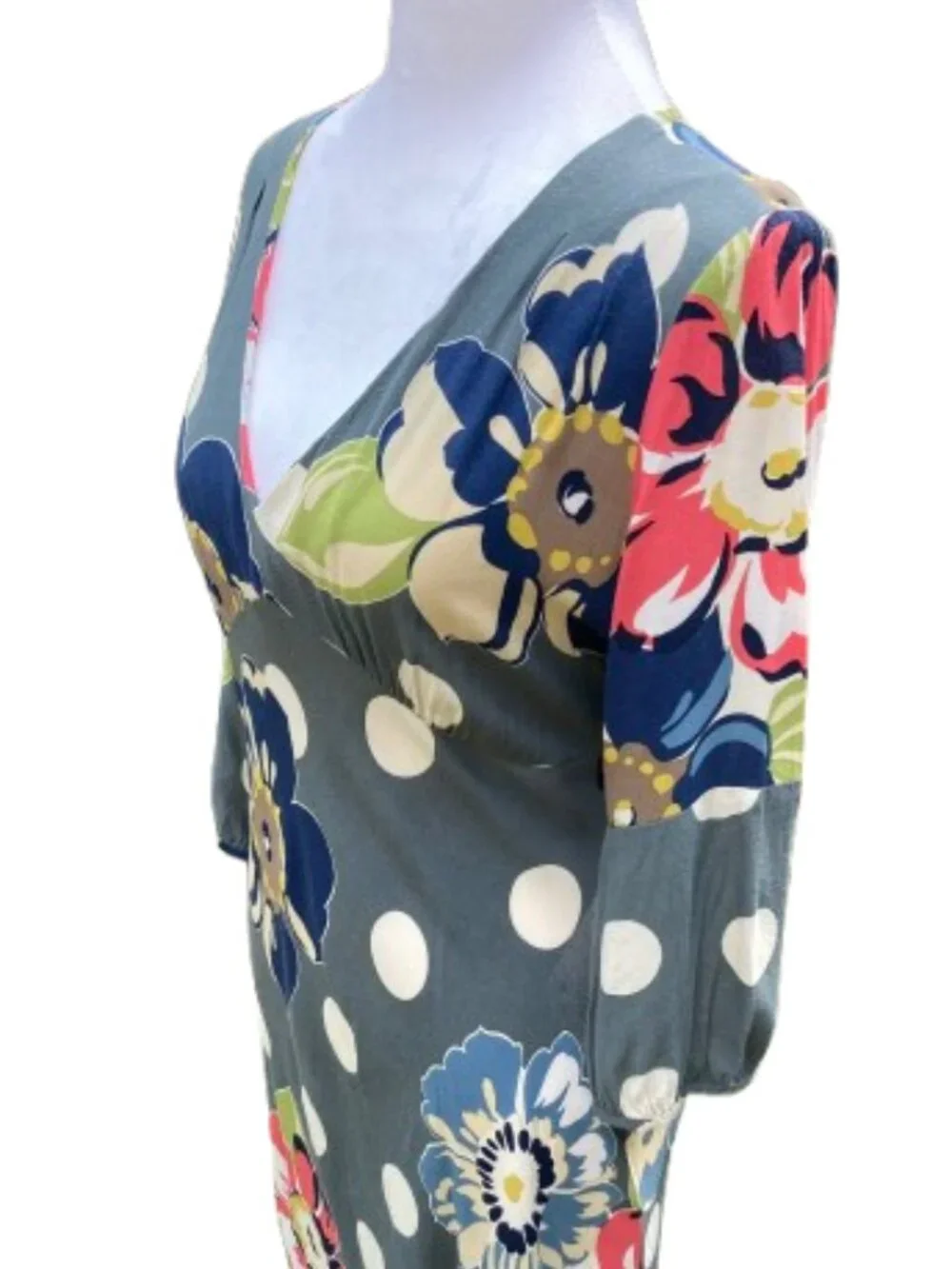 Boden Blue-Gray Dress Mixed Print Floral Empire Waist Midi 3/4 Sleeve V-Neck, 6 - Picture 12 of 13